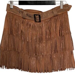 Brown Rhinestone Fringe Skort